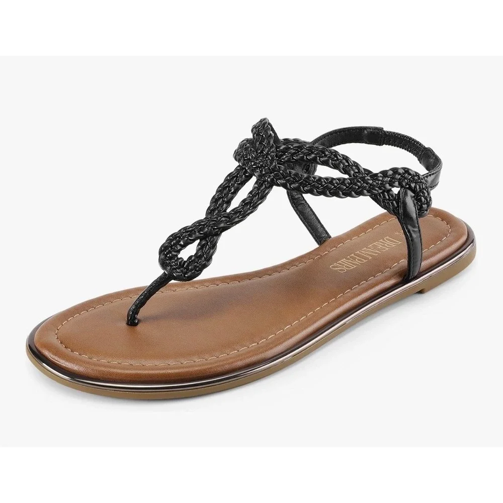 Dream Pairs Womens Black Braided Strappy Flat Sandals Slip On Slingback Sz 6